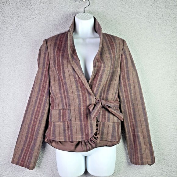 BCBGMaxAzria Plaid Blazer Brown Satin Hem Bow Tailored Designer Preppy Statement - Picture 11 of 15